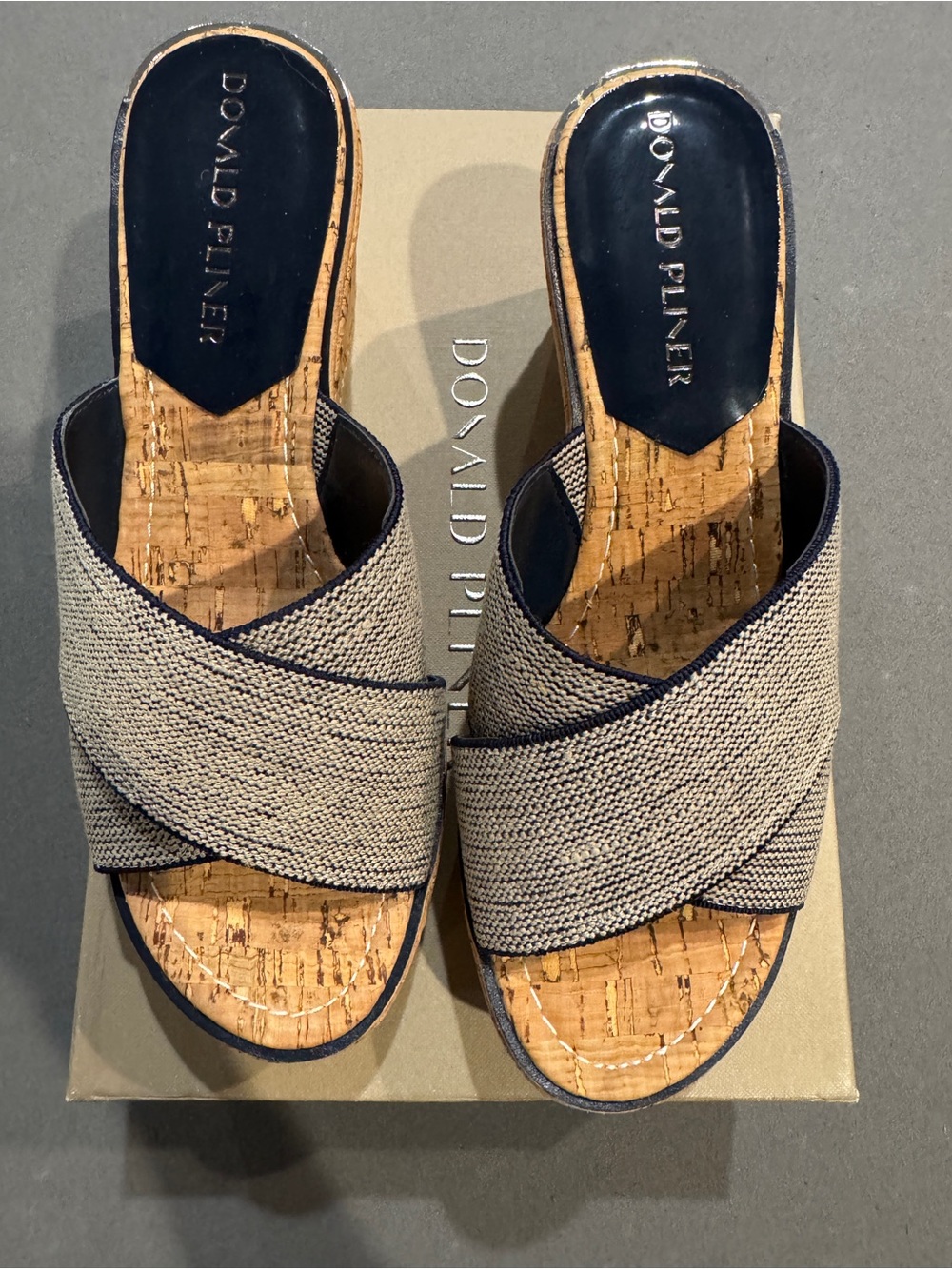 Donald J. Pliner Navy-Trim Ideala Woven Cork Slide Mules New w/box